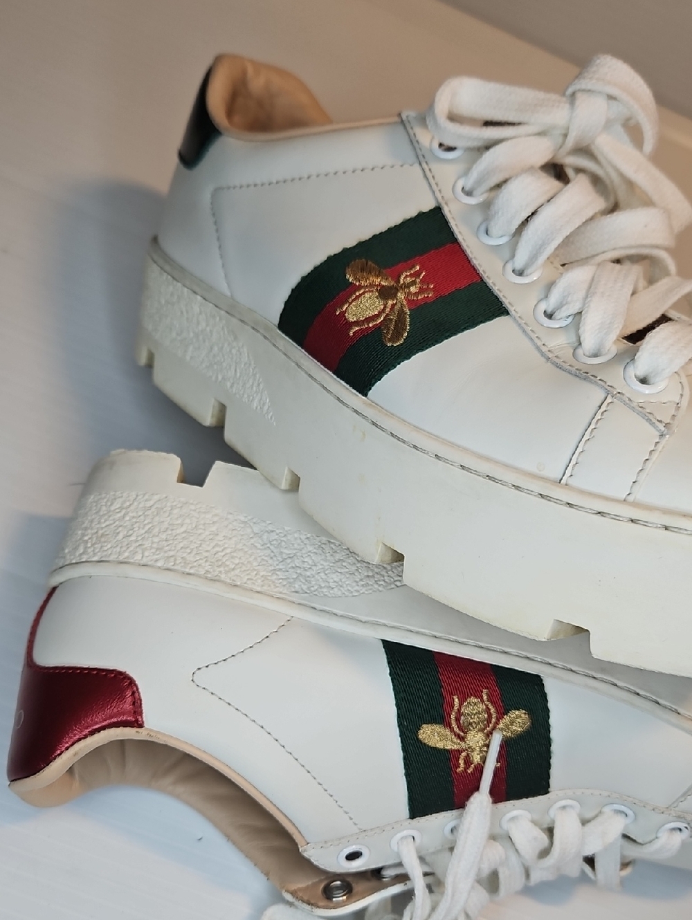 Authentic Gucci Ace Bee Platform Chunky Sneakers White Leather – Size 36 / US 6 - Picture 9 of 12